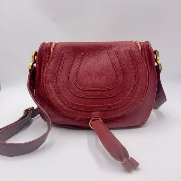 Chloe Marcie Scarlet Red Leather with Burgundy Crossbody Saddle Bag Auth - Picture 10 of 16
